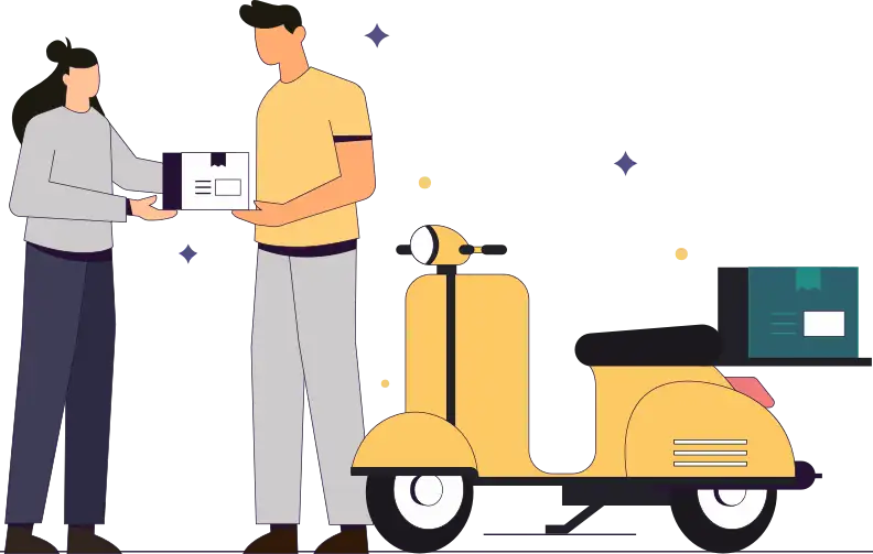 Fast local delivery icon with a delivery scooter and messenger giving a package to a woman