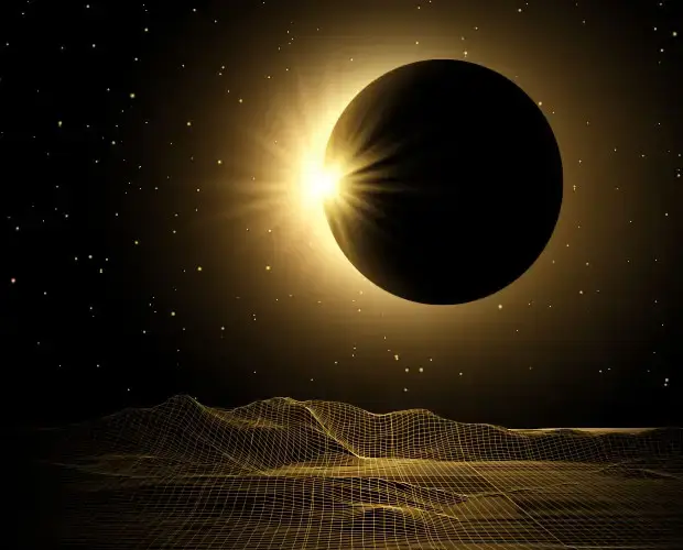 Artistic illustration of a solar eclipse over a digital landscape