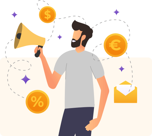 Illustration of a man using a megaphone with marketing and money icons