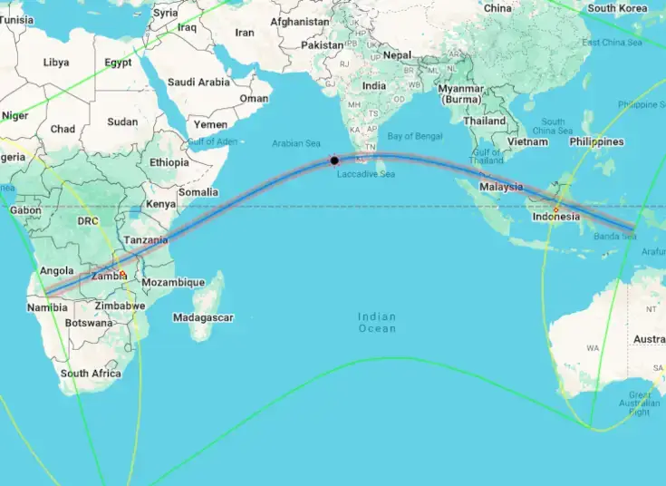 Map showing the path of the 2031 annular solar eclipse across Africa and Asia.