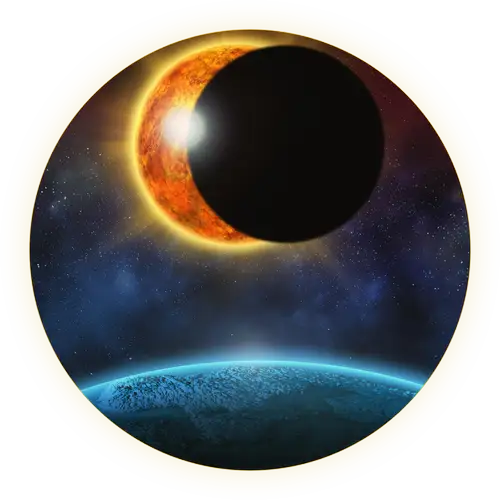 Artistic illustration of a solar eclipse viewed from space over the Earth’s horizon.