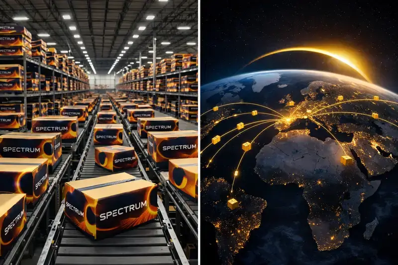 Large warehouse filled with Spectrum-branded boxes featuring solar eclipse designs, prepared for high-volume global distribution of eclipse glasses.