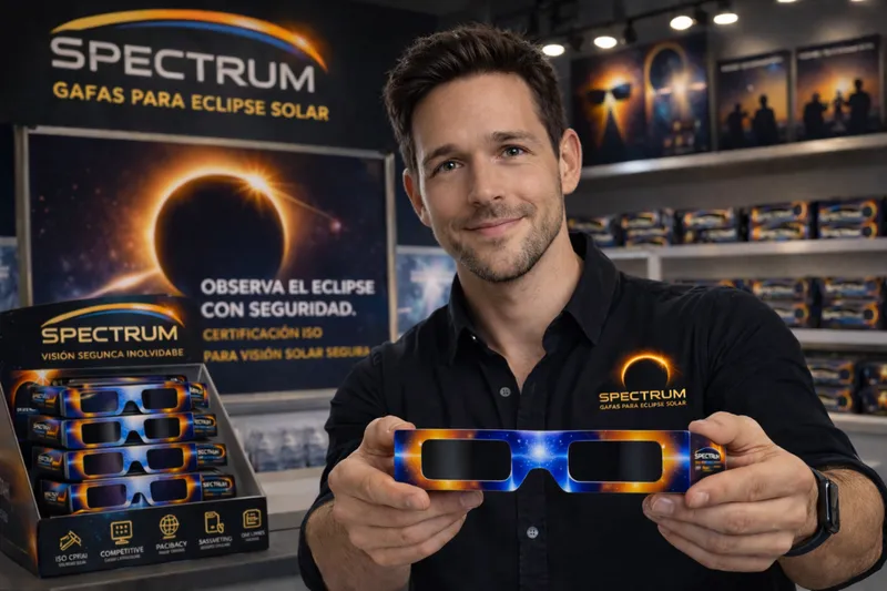 Hombre sosteniendo gafas para eclipse solar Spectrum en tienda con exposición de gafas certificadas ISO para observación segura del eclipse